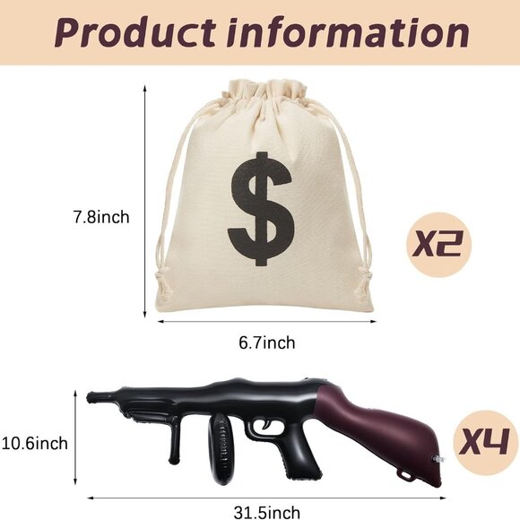 6 Pcs Inflatable Gun Props Canvas Pouch Set 1920s Party Decorations with Drawstr - Picture 3 of 6